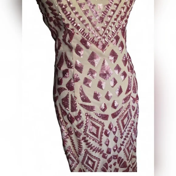 Allie Blu Pink/Cream Sequin Halter Backless Lace-upBodycon Formal Prom Dress